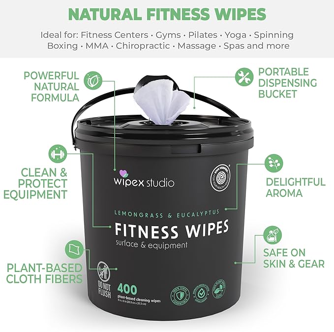 Wipex Fitness Wipes Bundle - Get 3 Buckets (1) Lemongrass, (1) Lavender, (1) Hand Sanitizing BZK, all Plant-Based Cloth, Great for Yoga Studios, Wellness Centers, and Gyms, 400 Ct (Pack of 3)