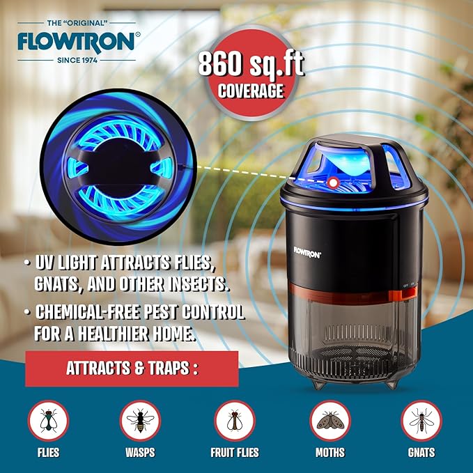 Flowtron Indoor Bug Trap | UV Light Mosquito Trap with Fan, 860 Sq Ft Coverage, USB-C Powered Insect Catcher for Kitchen, Bedroom, Restaurant | Quiet Fly Trap for Indoor Use