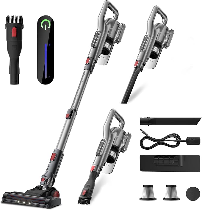 Cordless Vacuum Cleaner with LED Light, Battery Operated Vacuum, Lightweight Vacuum, HEPA Filter, Multiple Attachments for For Pet Hair & Deep Cleaning,Keep Filter Clean For Max Suction,Silver