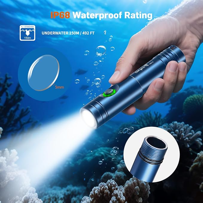 WD12 Dive Light - 1400 Lumens Compact Scuba Diving Backup Light with 3 Modes, IP68 Waterproof Submersible Torch, Underwater Snorkeling Flashlight with Push Button