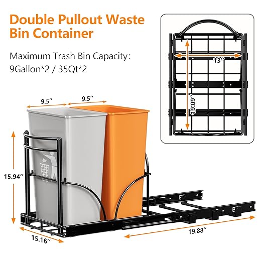 ANASTA Dual Pull Out Trash Can Under Cabinet Rack-No Can Included, Under Sink Trash Can Pull Out Holds Double 7-9 Gal/35 Qt*2 Commercial Garbage Can Recycle Bin, Minimum Cabinet Size≥16''W 17''H 22"D