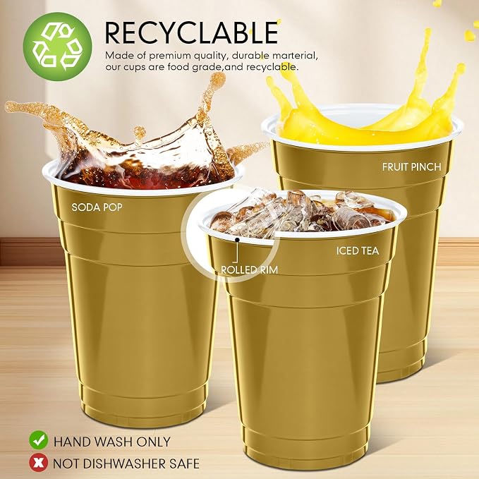 Mimorou Gold 200 Pack Plastic Cups 16 oz Disposable Cups for Party Wedding Halloween Stackable Beverage Drinking Tumbler Heavy Duty for BBQ Birthday Baby Shower