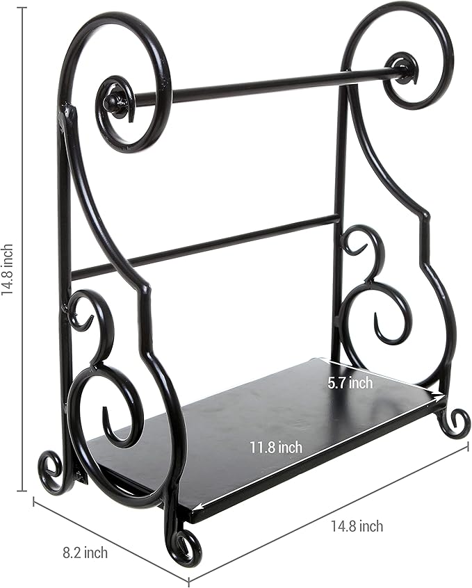 MyGift Paper Towel Holder Countertop with Shelf – Black Metal Freestanding Decorative Organizer for Kitchen, Scrollwork Design, Horizontal Storage for Spices, Napkins, and Condiments