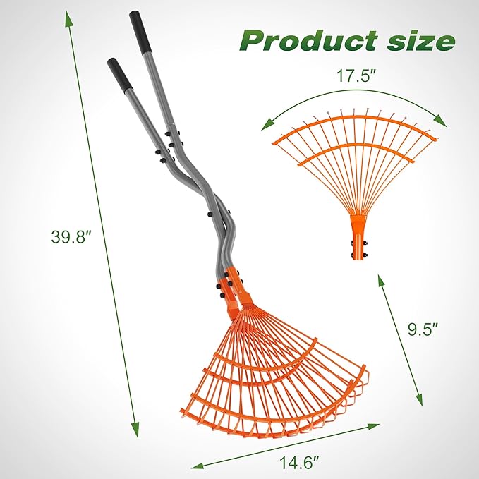 Leaf Grabber Rake with Long Handles, Leaf Collector Pickup Rake for Yard Cleanup, No Bending Garden Rake for Leaves, Grass Clippings, Pine Needles and Lawn Debris