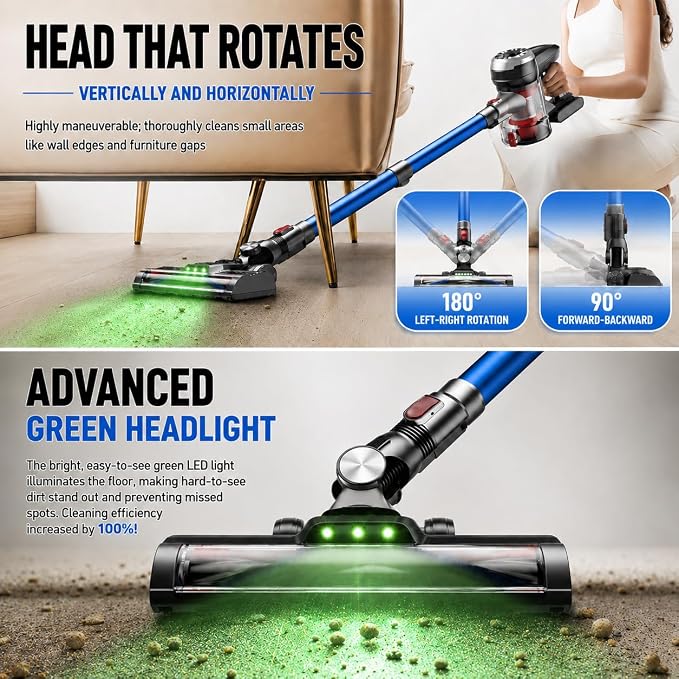 Cordless Vacuum Cleaner, 45Kpa Lightweight Stick Vacuum with Powerful Suction, 45Mins Runtime, Detachable Battery, Anti-Tangle Rechargeable Vacuum for Carpets, Pet Hair, Hardwood Floors