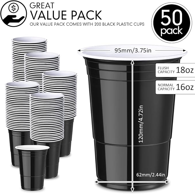 Mimorou Black 200 Pack Plastic Cups 16 oz Disposable Cups for Party Wedding Halloween Stackable Beverage Drinking Tumbler Heavy Duty for BBQ Birthday Baby Shower