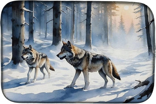 Caroline's Treasures Winter Wolves Dish Drying Mat Absorbent Dish Drying Mat Pad for Kitchen Counter Dish Drainer Mat for Countertop, 14 x 21", Multicolor