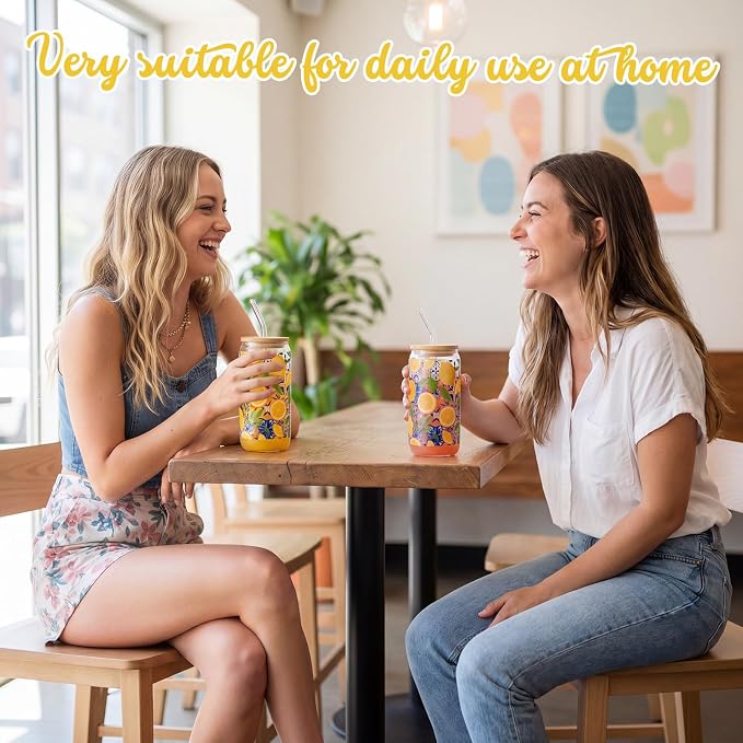 Sliner 2 Pcs Amalfi Lemon Glass Tumblers Capri Lemon Cups Drinkware 16 oz Drinking Glasses with Lid and Straw Mediterranean Decoupage Iced Coffee Cups Coast Holiday Gifts