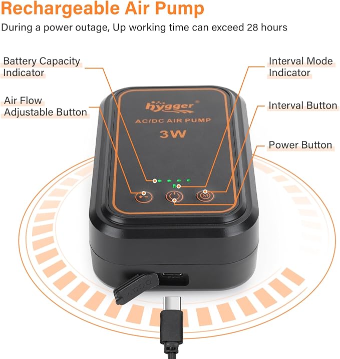 hygger Aquarium Air Pump, Rechargeable Portable Oxygen Pump with Single/Dual Outlets, Ultra Quiet Battery Powered Air Bubbler for Fish Tank up to 200 Gallo