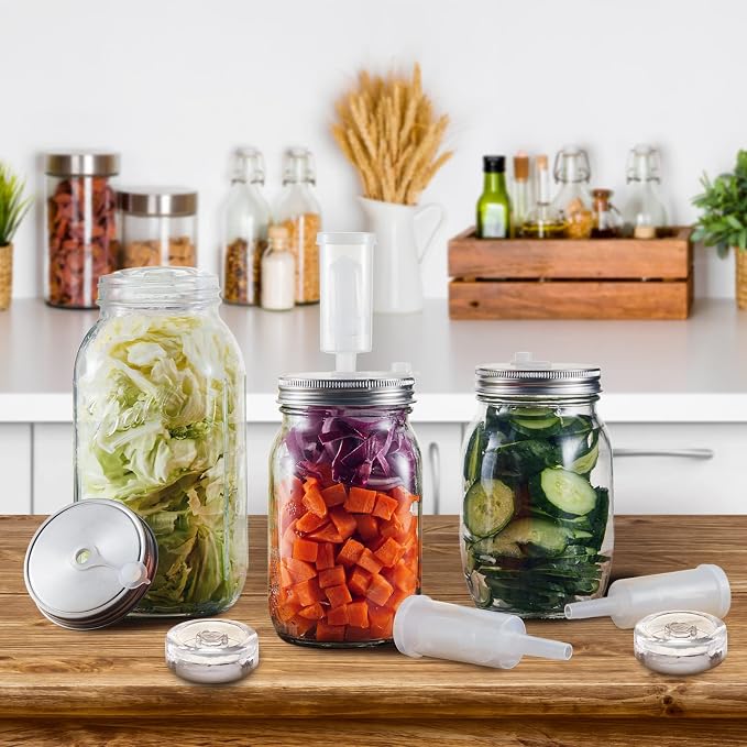 Tessco for you 4 Set Fermentation Kit, Wide Mouth Fermentation Lids and Weights, Airlocks and Silicone Rings for Mason Jars Making and Storing Sauerkraut Probiotic Food (No Jars)