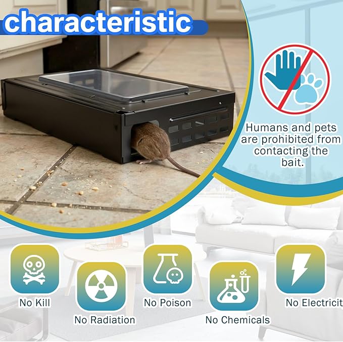 4 Packs Mouse Traps Multi Catch Rat Clear Top Mice Trap Rodent Humanized Black Rat Trap for Indoor Outdoor Control Pet and Security
