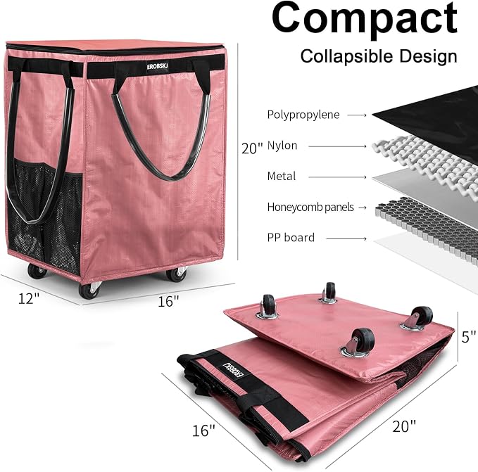 (Medium,Pink) Reusable Grocery Bag on Wheels, 70L Foldable Rolling Tote,Extra Storage for Shopping, Zipper Clouser Shopping Carts for Groceries,Trips, Laundry, Moving,4 Heavy Duty Wheels