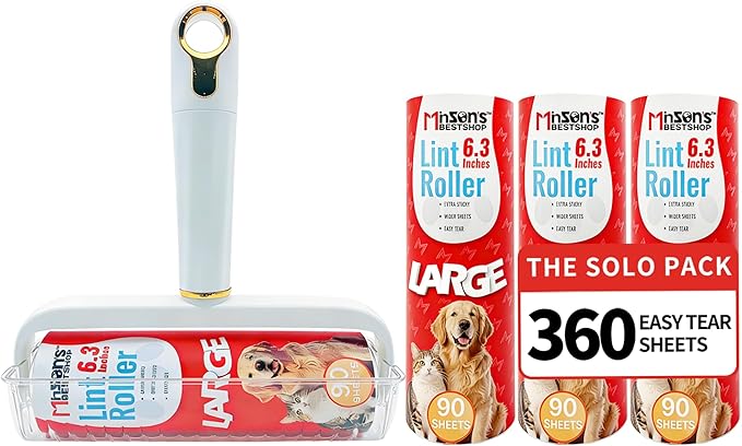 Minson’s BestShop Extra Sticky Lint Roller, 6.3” Extra Wide, 360 Sheets for Pet Hair Removal, The Solo Pack with 1 Ready to Use Handle & 3 Refills, Dog and Cat Lint Remover