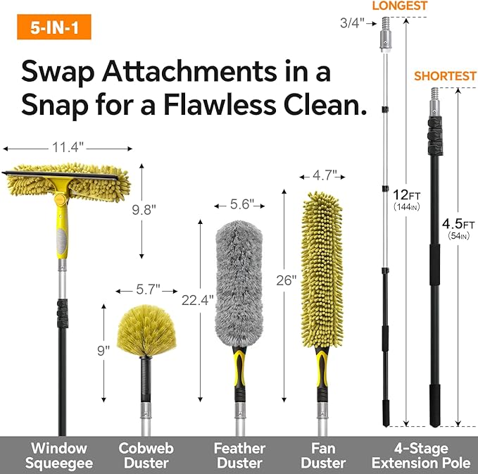ARTIPOLY 4-12Ft Telescoping Extension Pole Kit, 5-in-1 High Reach Duster with Chenille Window Squeegee Microfiber Feather Cobweb Duster for Ceiling Wall Hard-to-Reach Indoor & Outdoor Cleaning Yellow