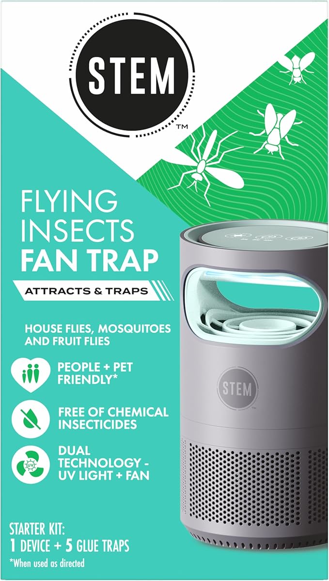 STEM Flying Insect Fan Trap for Indoor Bug Control, Attracts Mosquitoes, Fruit Flies, and House Flies, Plug-in Fan with UV Light, Starter Kit Includes 2 Device and 10 Glue Traps