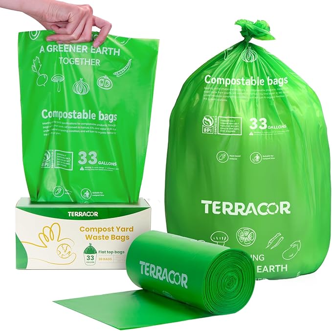 30-33 Gallon Compostable Trash Bags Liners Flat-Top, Heavy Duty Extra Thick 1.28 Mil, 124.92 Liter, 30 Bags, Lawn, Yard, and Restaurant Use, ASTM D6400, US BPI Certified