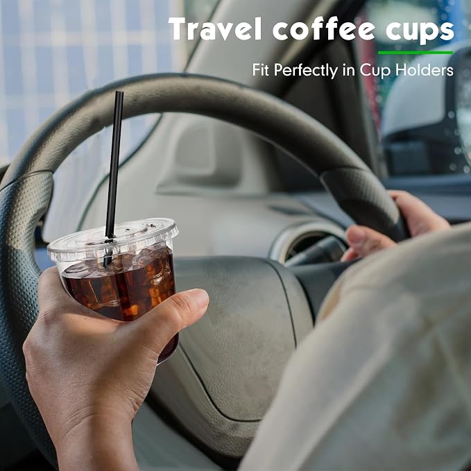 Ziliny 100 Set Clear Plastic Cups with Lids and Straws, Disposable Iced Coffee PET Cups for Drinking Cold Beverage Juice Parfait Smoothie Milkshake Coffee Shops Party Supplies (12 oz)