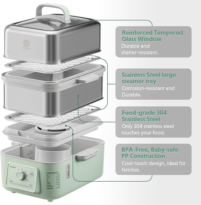 BUYDEEM G52 10.6 Quart 2-Tier Electric Food Steamer for 1-4 Servings, Vegetable Steamer for Cooking, 2-hour Keep Warm, 7 Preset Timings, Dual Boil-Dry Protection, Stainless Steel, Cozy Greenish