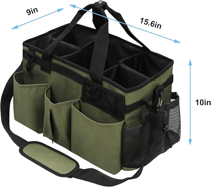 Wearable Cleaning Caddy Bag, Kitchen Supplies Organizer with Handle&Shoulder Strap, Under Sink&Car Cleaning Tool Tote with 4 Foldable Dividers for Housekeepers Cleaners (Army Green)