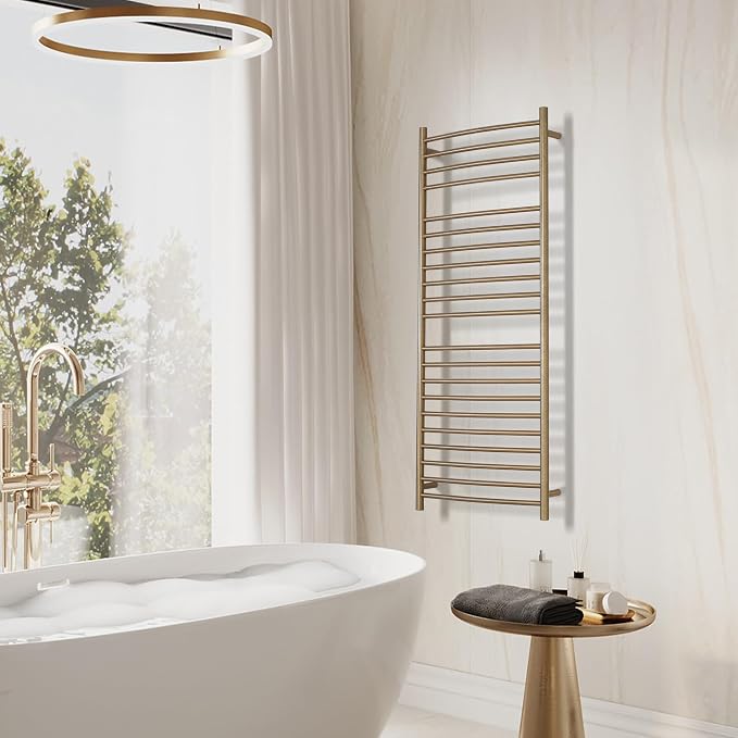Electric Towel Warmer - Wall Mounted Bathroom Heated Towel Rack, Plug-in Design & Brushed Stainless Steel Finish Gold 21 Bar