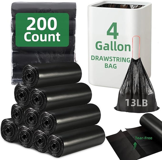 200 Counts 4 Gallon Trash Bag Drawstring Small Trash Bags, Thick Pre-separated Garbage Bags, Trash Bin Liners, Suitable for bathroom, kitchen, bedroom, office (Black)