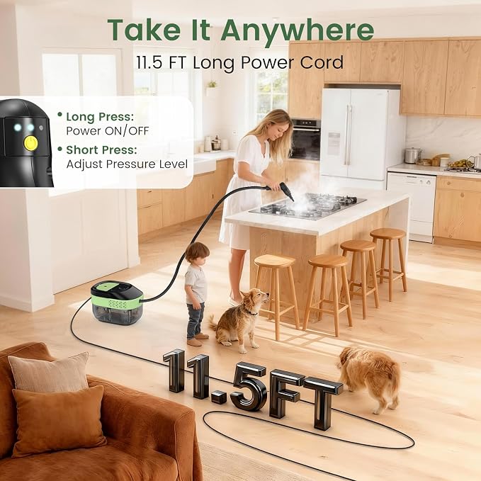 Pressurized Steam Cleaner 1.6L, 3-Level Adjustable Steamer for Cleaning, 10s Heat-Up, 2500W Handheld Steamer Cleaner for Home, Car, Kitchen, Floor, Multi-Surface Cleaning Machine (Black & Green)
