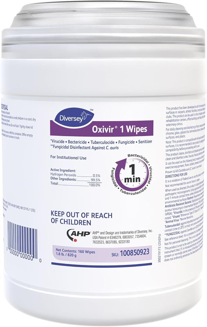 Oxivir Diversey 1 Disinfectant Wipes, AHP Hydrogen Peroxide Cleaner, Multi-Surface Cleaner for Home & Commercial Use, Small Wipes, 160 Count Canister, Case of 12