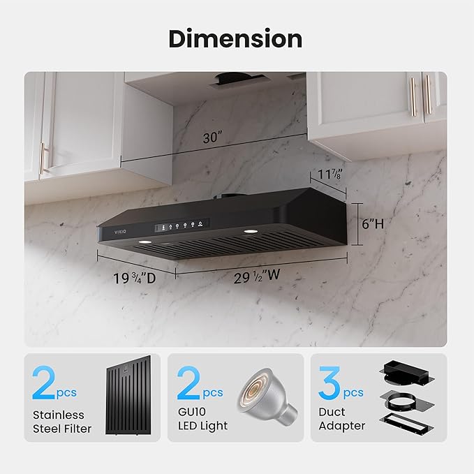 VIKIO HOME Range Hood 30 Inch Under Cabinet, Black Stainless Steel Range Hood With 980 CFM, Three-Speed Gesture & Touch Control, Kitchen Hood With Widened Filter Baffle,Easy Clean Coating,G10 Light