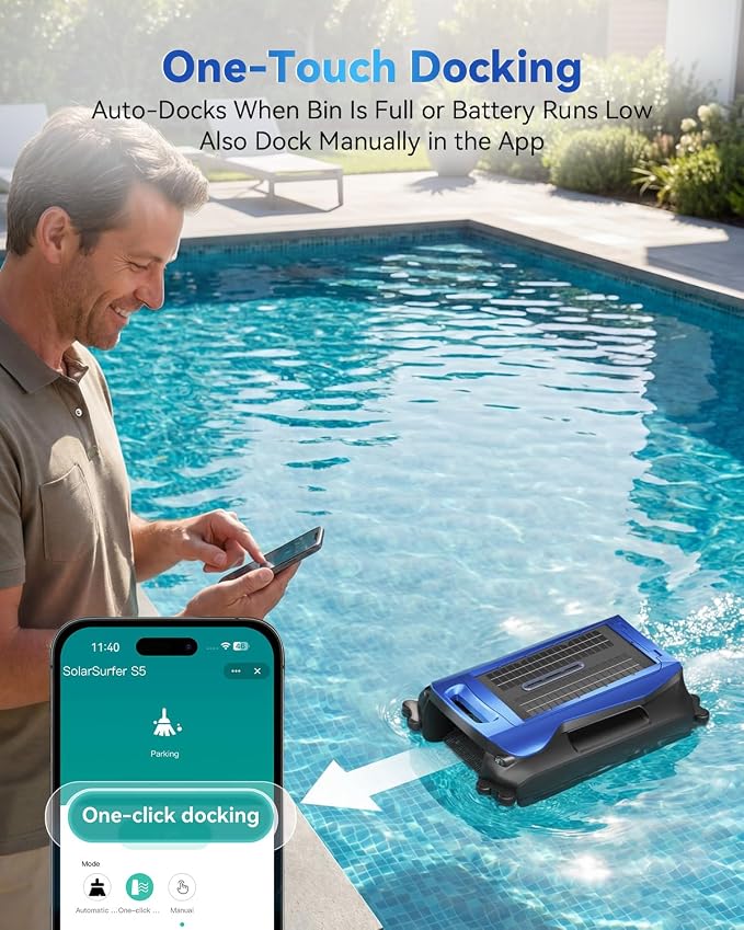 24/7 Solar Powered Pool Skimmer Robot with APP Support, Automatic Electric Floating Surface Cleaner for Above Ground & Inground Pools, Auto Robotic Pool Skimmer Bluetooth Control（Blue）