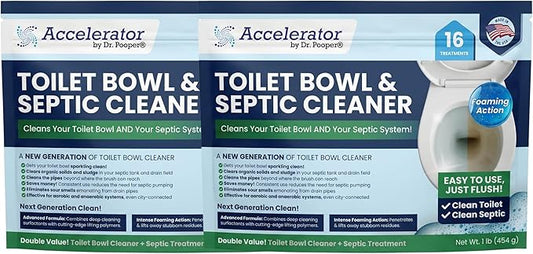 Accelerator by Dr. Pooper Toilet Bowl and Septic Cleaner — Foaming Bio-Activated Formula — Cleans Bowl, Treats Septic System, Reduces Pump-Outs — Non-Toxic — 2-Pack, 32 Treatments — Made in USA