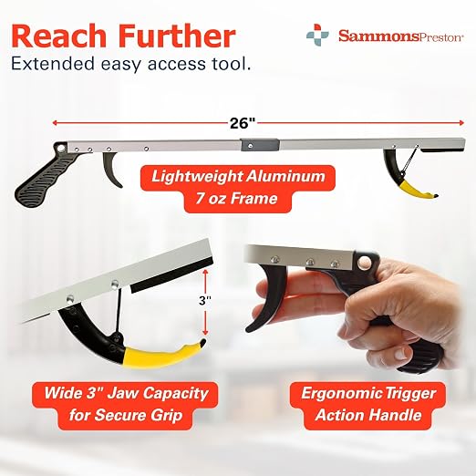 Sammons Preston Reacher, 26" Lightweight Grabber Reacher Tool with Magnetic Tip, Ergonomic Grip & Claw Jaw, Portable Reaching Aid for Seniors, Daily Living & Home Use, Standard Silver, Folding, 3 pack