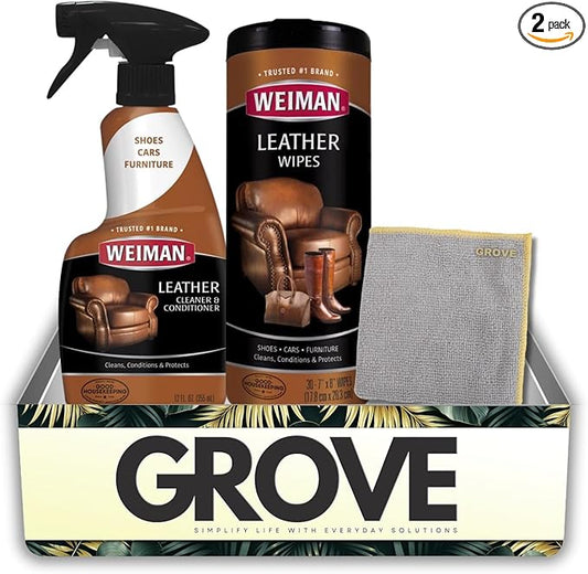 Weiman Leather Cleaner and Conditioner Couch 12 oz Liquid Bundle with Leather Wipes + Microfiber Towel – Cleans, Moisturizes, and Protects Surfaces from UV Damage – Gift Set (3 Items)