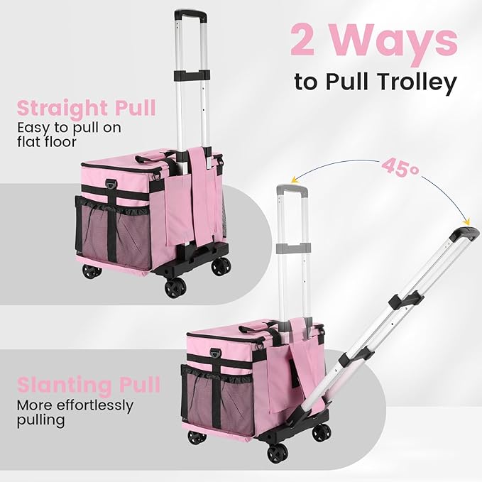 Housolution Extra Large Rolling Cleaning Caddy Bag with Detachable Trolley, Upgraded 360° Free Rotating with 5 Wheels and Dust-Proof Lid, Professional Cleaning Supplies Bag for Housekeepers, Pink
