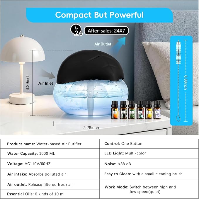 Water Based Air Purifier with Essential Oil Diffuser Pack, Air Washer with 7 Color LED Night Light, Air Revitalizer Includes 6x10ml Essential Oil Aroma Diffuser for Home, Office, Pet