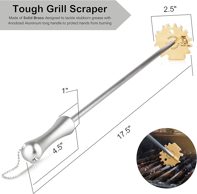 Sage Owl Bristle-Free Brass BBQ Grill Scraper with 17.5” Handle – Safe Universal Grill Cleaner for Outdoor Grills, Porcelain, Grilling Tools, and Kitchen Gadgets - Unique Gifts for Husband Birthday