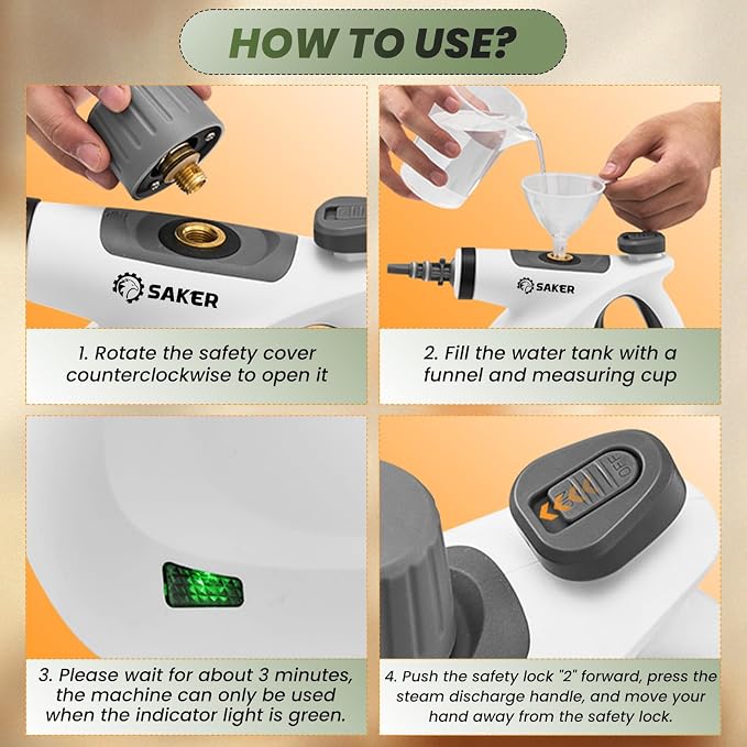 Saker Pressurized Handheld Steam Cleaner,Steam Disinfection Cleaner,Portable Steam Cleaner for Home,1050W Steam Cleaner,Quick Heating & Deep Cleaning of Floors, Cars, and Kitchen with 5 Fiber Cloths