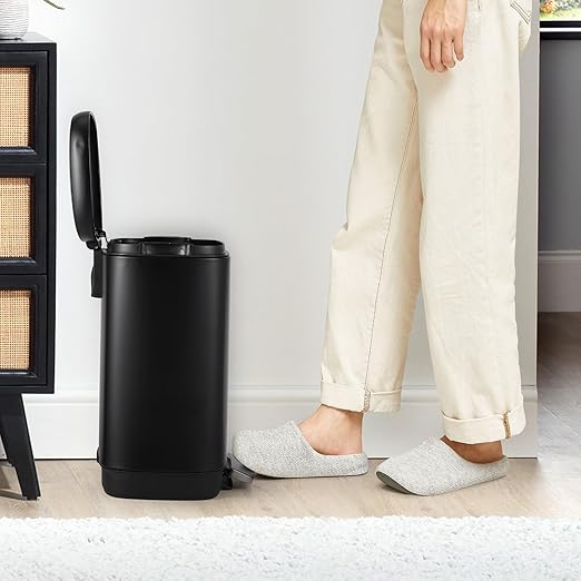 12L Bathroom Trash Can with Lid, Stainless Steel Kitchen Trash Can with Odor-Protective Lid | Hands-Free, with Foot Pedal and Trash Bag Ring, Removable Inner Bin, Suitable for Bathrooms, Black