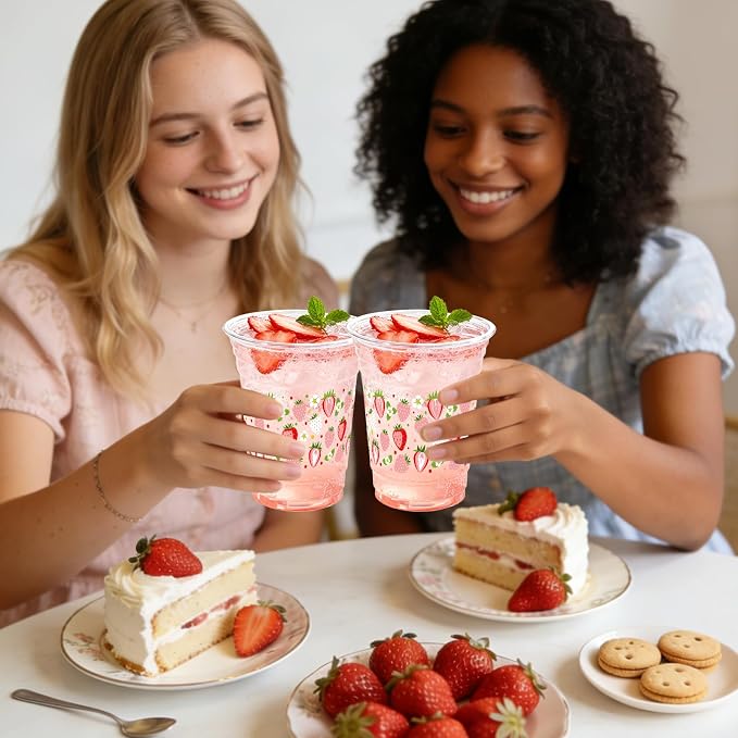 100 Pack Strawberry Plastic Cups 16 oz Pink Red Fruit Flower Disposable Cup Clear Strawberry Summer Spring Party Favor Drinking Cold Beverage Cup for Party Supplies