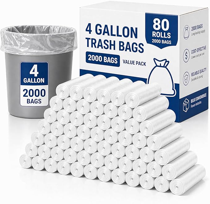 Delxo 4 Gallon Small Trash Bags, 2000 Count Bulk, 17.7 x 19.6" Clear Unscented Bathroom Trash Bags, 0.48 Mil Thick, Tear-Resistant Small Garbage Bags for Office, Commercial Use & Bathroom