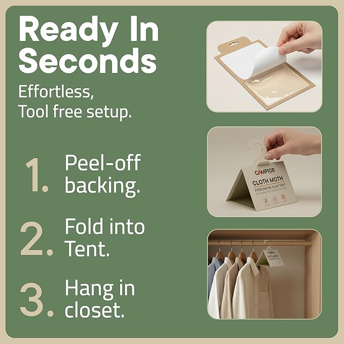 Clothing Moth Traps with Pheromones (2 Pack) Non‑Toxic, Sticky Glue Traps for Clothes Moth Treatment & Prevention, Case‑Making & Web‑Spinning Moths, for Closets & Storage, Protects Clothes & Carpets
