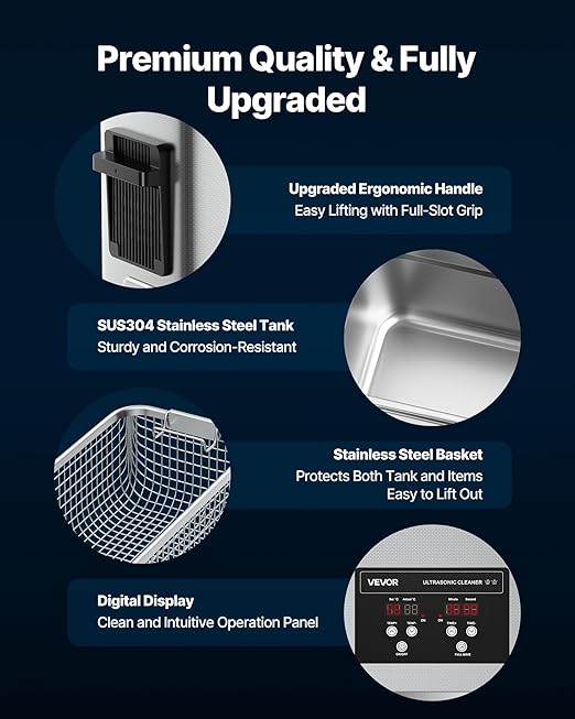 VEVOR 6L Ultrasonic Cleaner, Professional Ultrasonic Cleaner Machine with Cleaning Basket & Digital Display, 120W Stainless Steel 40kHz Cleaning Machine for Watches, Razors, Jewelry, Coins and More