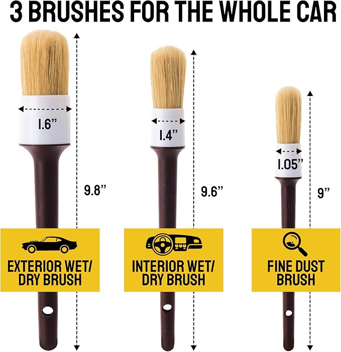 Detail Dudes Car Detailing Brush Set 3-pc - Scratch-Free Boars Hair for Interior and Exterior Work - Pro Quality Car Cleaning Brush Kit for Leather Seats, Dashboards, Wheels, Grills and Paint