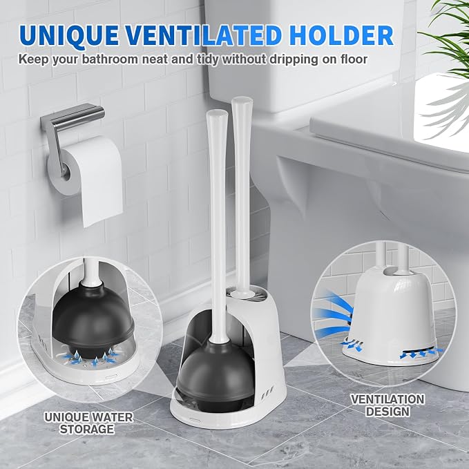 Toilet Plunger and Brush, Silicone Bowl Brush and Heavy Duty Toilet Plunger Set with Ventilated Holder, 2-in-1 Toilet Brush and Plunger Combo for 5.3-inch Bathroom Cleaning (White, 1 Set)