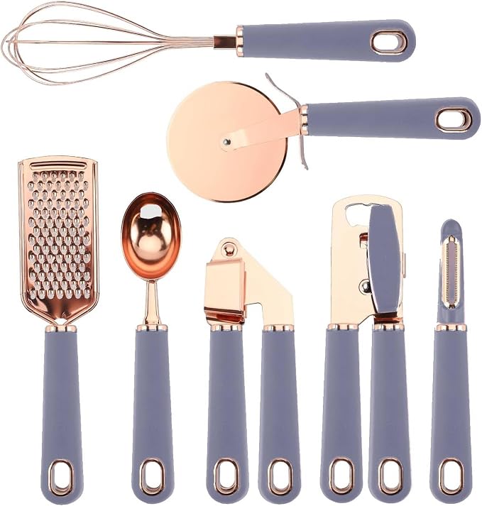 COOK WITH COLOR Kitchen Gadget Set Copper Plated Stainless Steel Utensils with Soft Touch Handles, Copper Grey, 7 Pieces