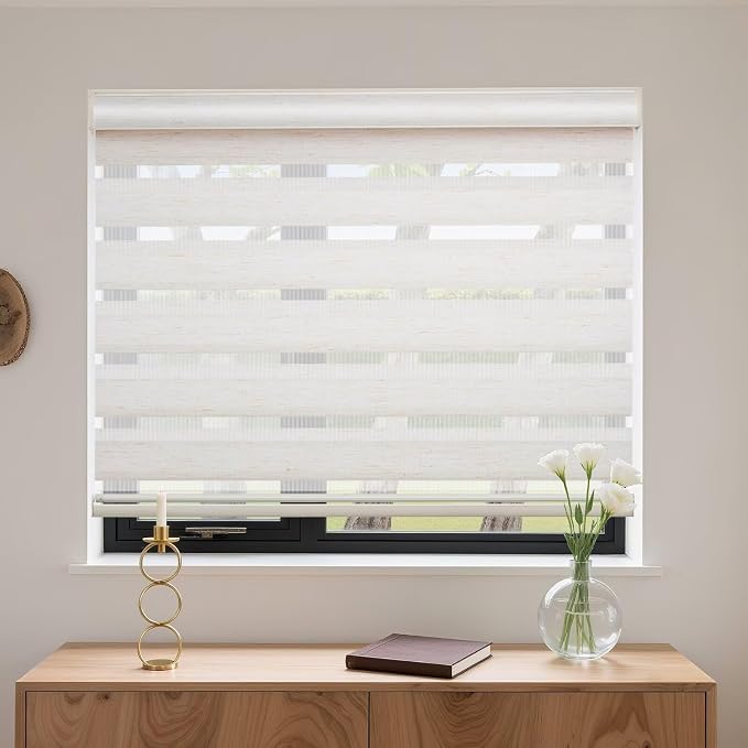 MYshade Cordless Zebra Blinds with Free-Stop Function - Dual Layer Light Filtering & Privacy Sheer Shades for Day and Night - Easy Install Window Shades for Home, Living Room, 35" W x 72" H,Beige