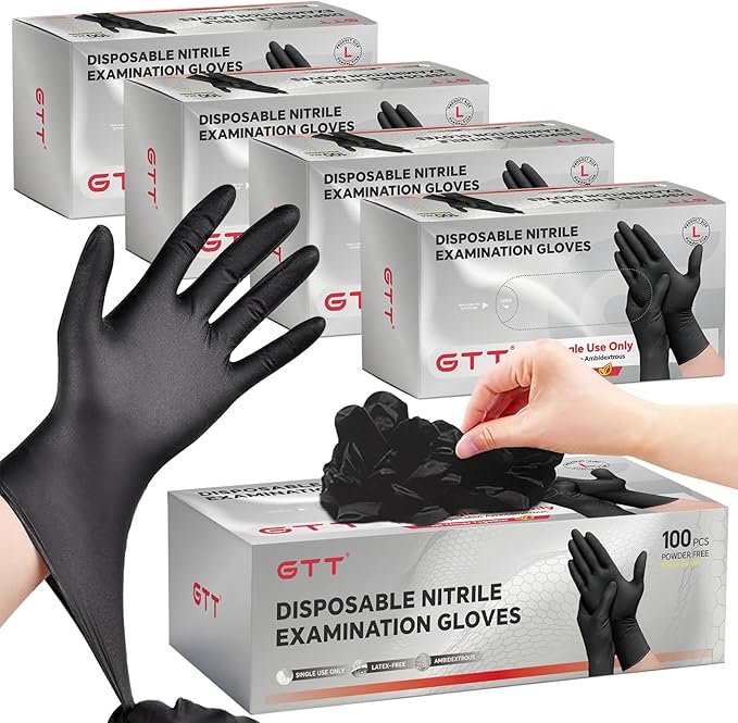 GTT Black Nitrile Exam Gloves 6 Mil, Powder-Free Disposable Gloves, First Aid,Cleaning Food Prep, Tattoo,Cooking,Mechanical