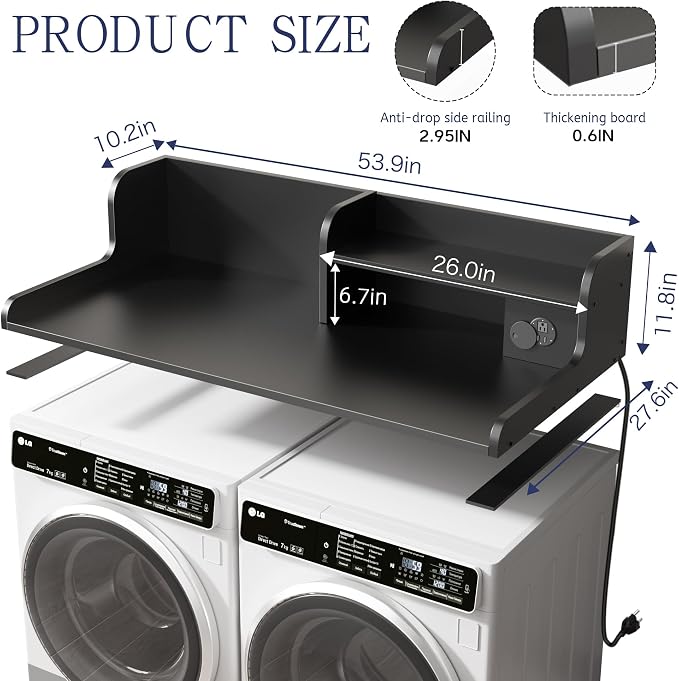 DTK Washer Dryer Countertop with Charging Station, 2 Tier Laundry Countertop with Anti-Slip Strips, 27.55" Depth x 54" Width, Wood Dryer Cover with Shelf, Black