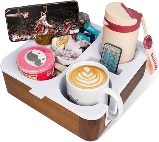 Couch Cup Holder Tray, Real Acacia Wooden Caddy with Soft Silicone, Snack and Drink Organizer- Perfect Movie Night Accessories for Bed, Remote and Cup Holders for Sofa (White)