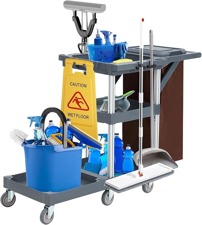 Commercial Traditional Janitorial 3-Shelf Cleaning Cart on Wheels with Cover and Vinyl Bag, Custodial Cart, Housekeeping Carts for Hotels, Stores, Schools, and Business