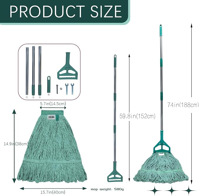 Commercial Cotton Mop Heavy-Duty Industrial with 2 Replacement Heads 152 cm Handle Replacement mop Head (Green)